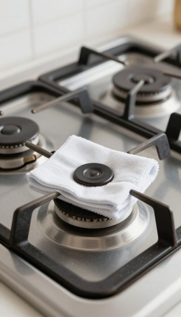 Hand wiping a clean gas stove top burner with a damp microfiber cloth in bright natural light