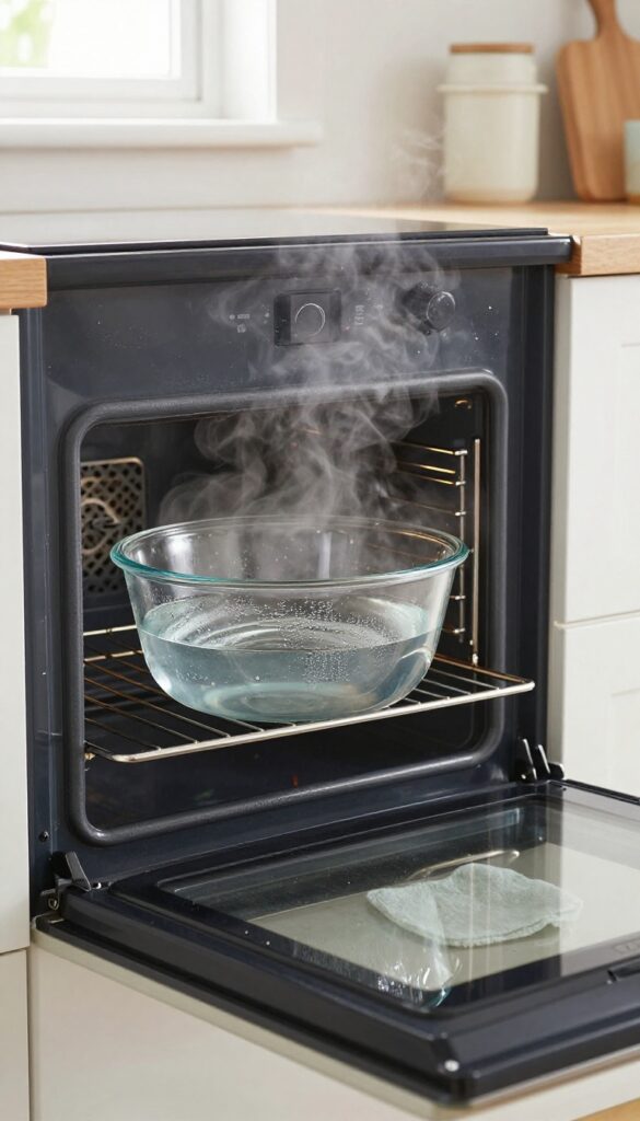 Steam cleaning oven glass door with a bowl of water, natural light, photorealistic kitchen scene