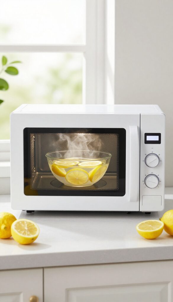 A clean microwave with a bowl of lemon water inside, steam rising, natural light, fresh lemons on counter.