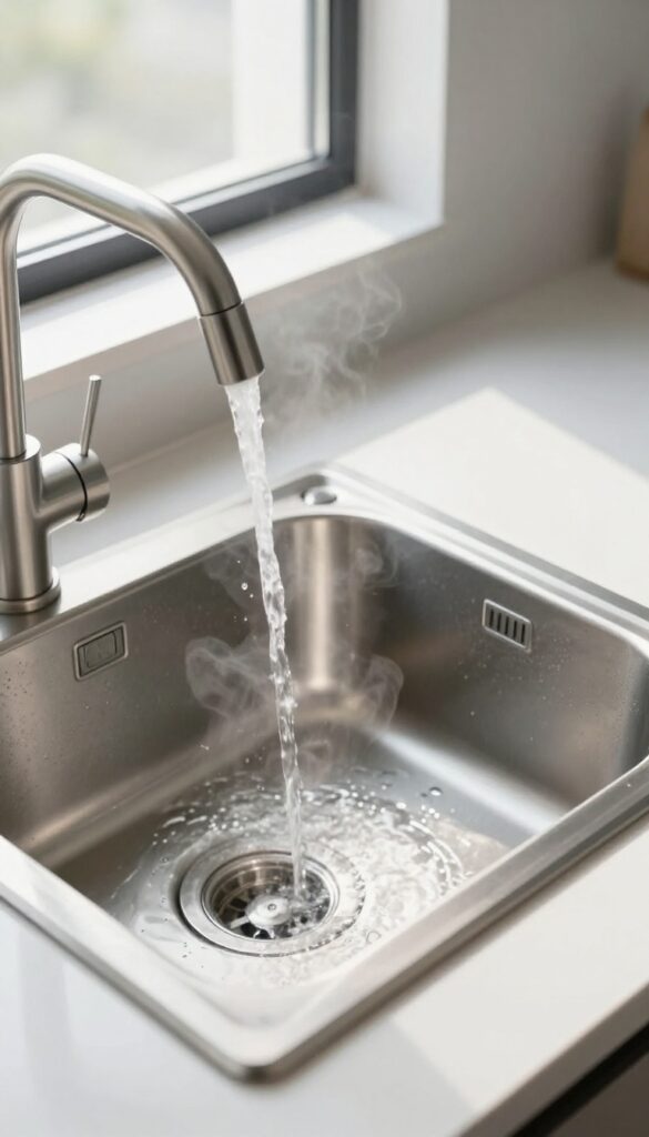 Pouring boiling water from a kettle into a kitchen sink drain to clean it
