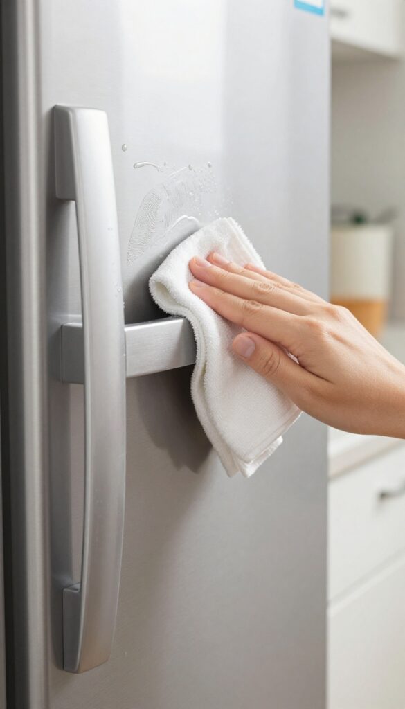 Cleaning stainless steel fridge handle with rubbing alcohol to remove grease and fingerprints