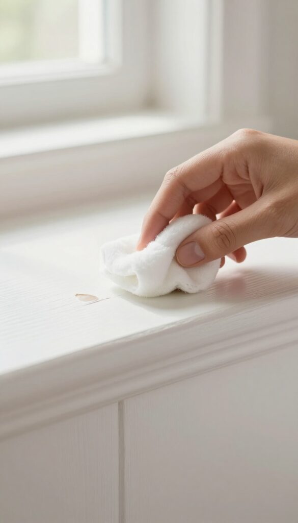 Blotting an ink stain on a white baseboard with a cotton ball and rubbing alcohol