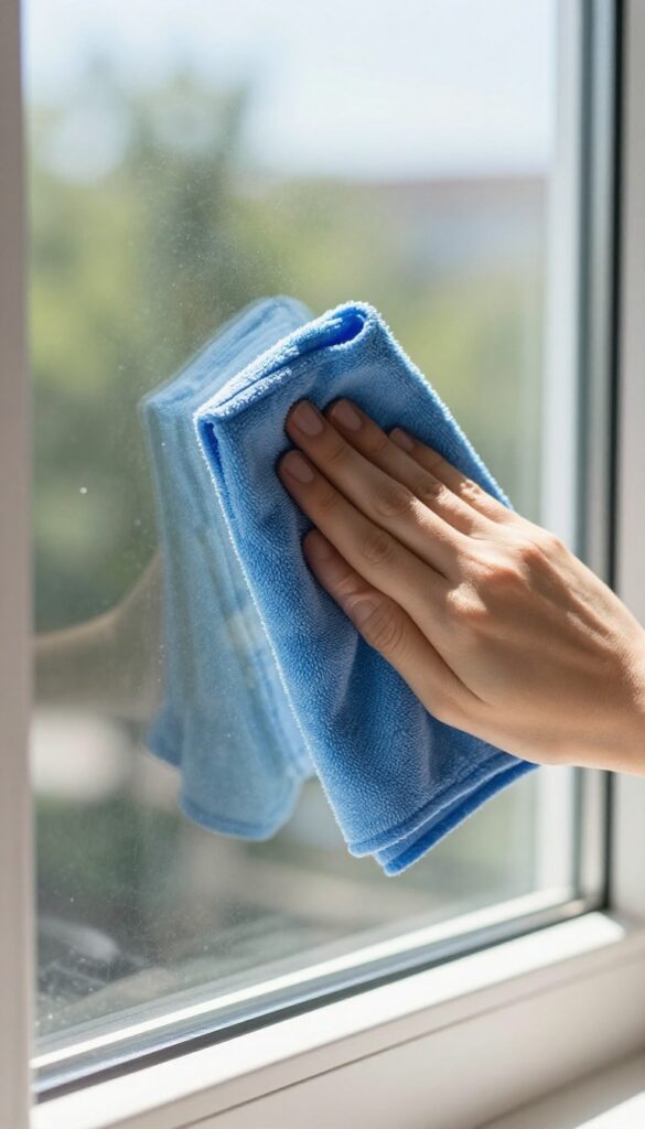Hand wiping a clean window with a blue microfiber cloth, bright sunlight, streak-free glass