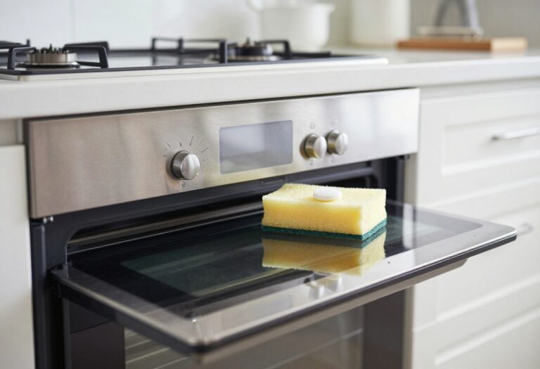 Clean oven interior with dishwasher tablet and sponge on the counter