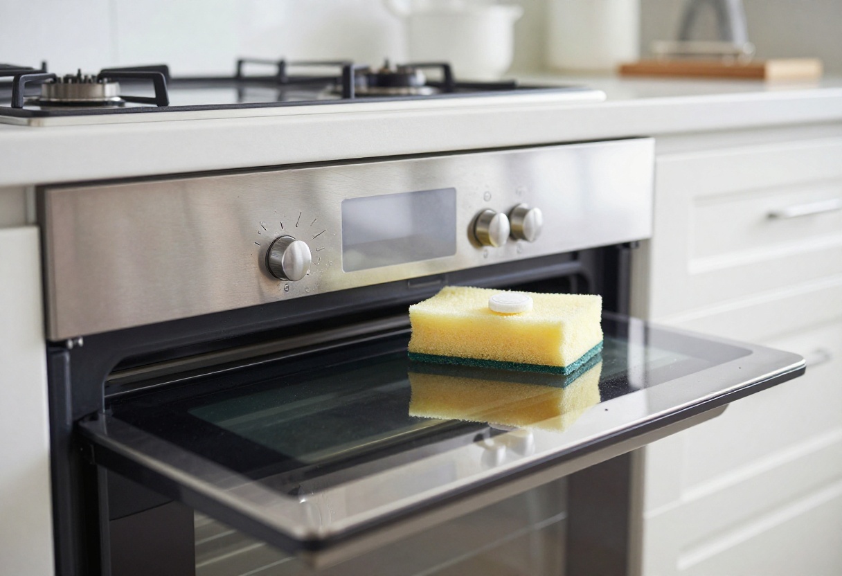 Clean oven interior with dishwasher tablet and sponge on the counter