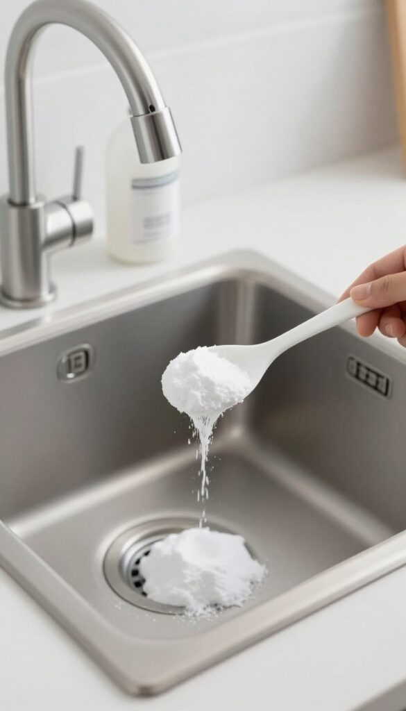 Pouring baking soda into a kitchen sink drain with a vinegar bottle nearby, natural cleaning method.