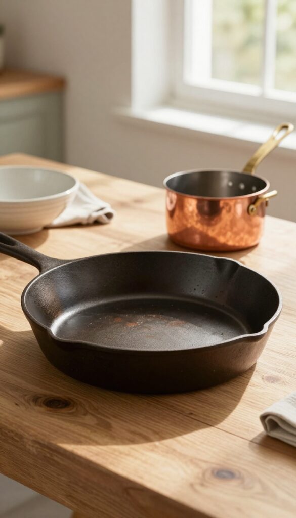 Professionally restored vintage cast iron skillet and copper pot on a rustic wooden table in natural light.