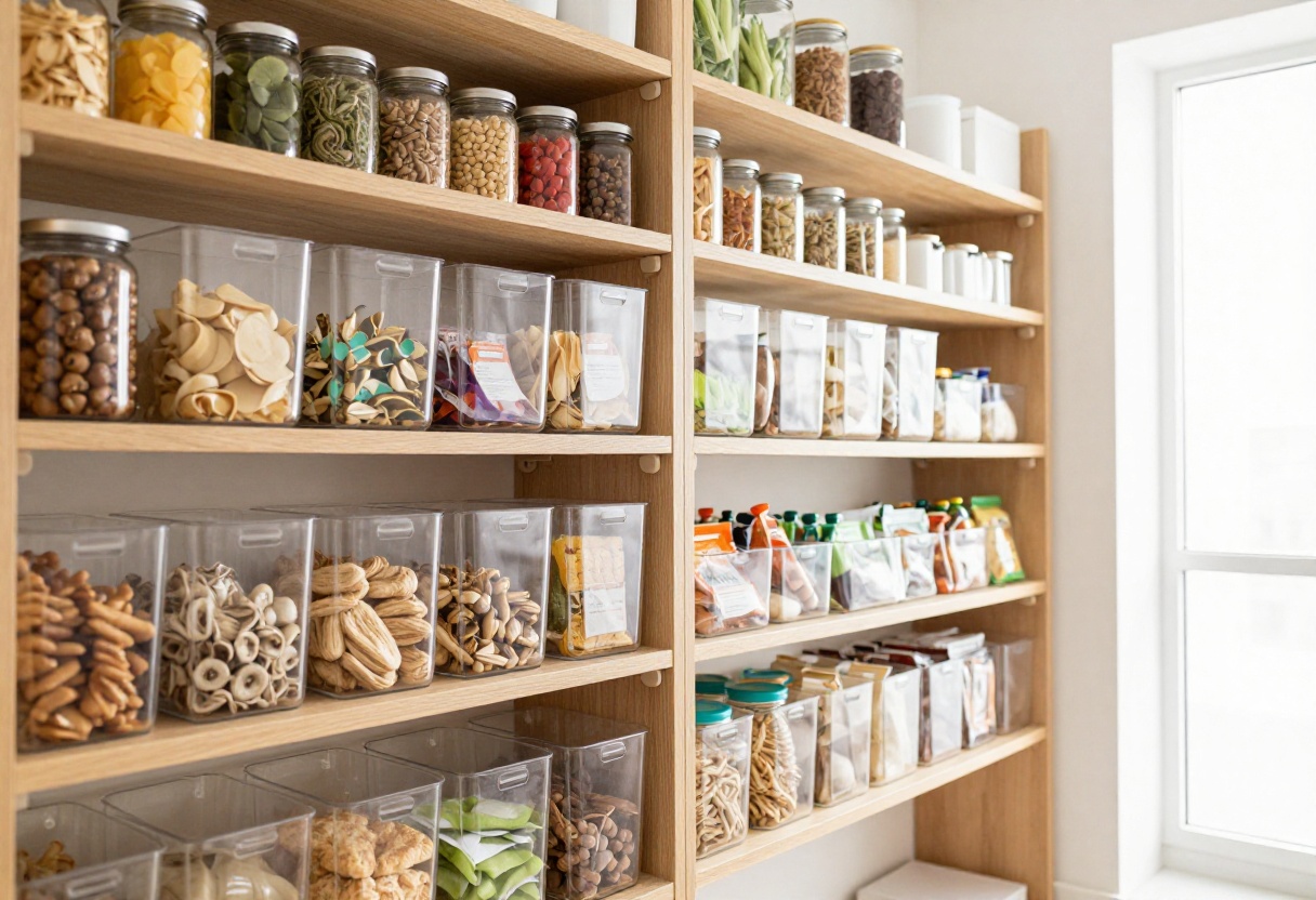 Organized pantry with clear bins and labeled jars on wooden shelves