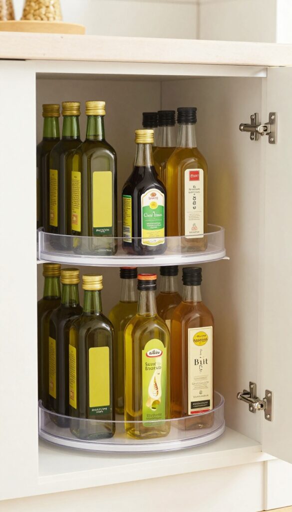 Open corner pantry cabinet with a clear acrylic lazy Susan holding cooking oils, vinegars, and condiments, neatly organized for easy access.