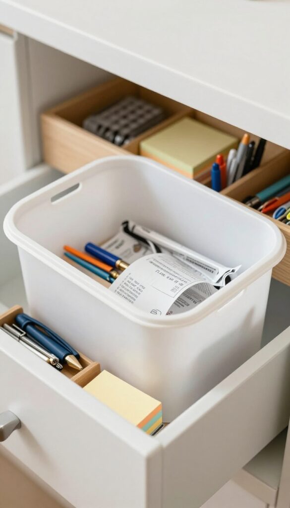 Organized kitchen junk drawer with a small trash bin for wrappers and receipts.