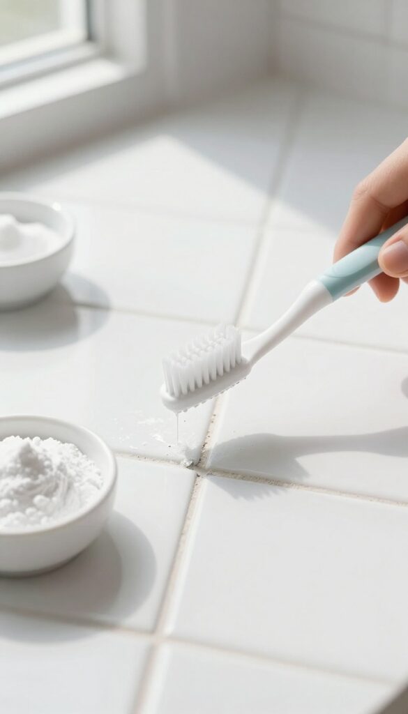 Close-up of scrubbing grout with a toothbrush and baking soda paste in a bright bathroom.