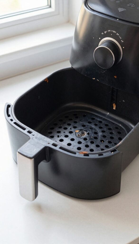 Worn air fryer basket with peeling non-stick coating and rust, on a kitchen counter in natural light