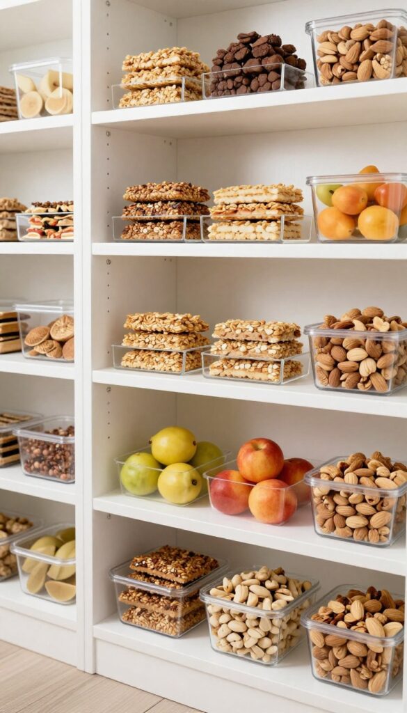 Small pantry snack station with tiered shelves, organized snacks in clear bins on a white shelf