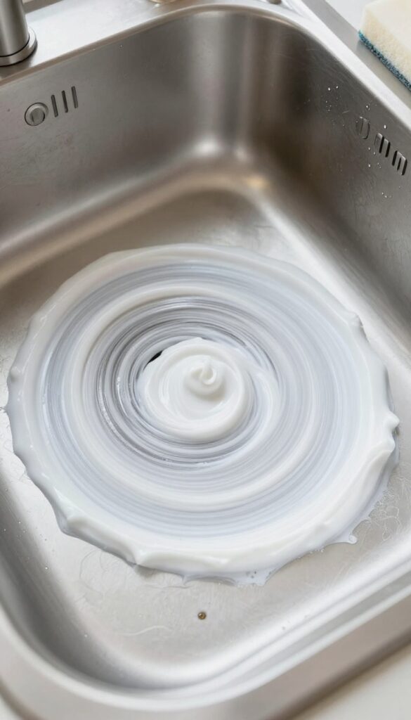 Hydrogen peroxide and baking soda paste applied to a coffee stain in a stainless steel sink