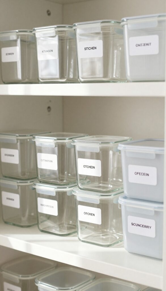 Organized pantry with clear glass jars and bins featuring clear adhesive labels from a label maker, bright natural light, clean and streamlined look