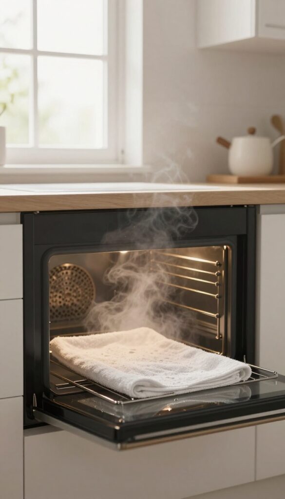 Steam cleaning an oven with a wet towel, showing a damp towel inside the open oven door with gentle steam rising.
