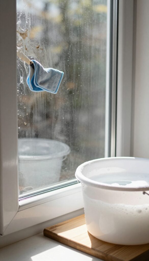 Window cleaning with dish soap and warm water, showing a microfiber cloth removing heavy dirt from glass