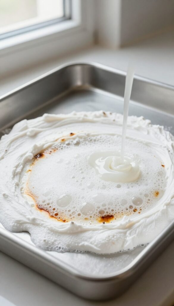 Baking soda and vinegar fizzing on a burnt cookie sheet to remove stains