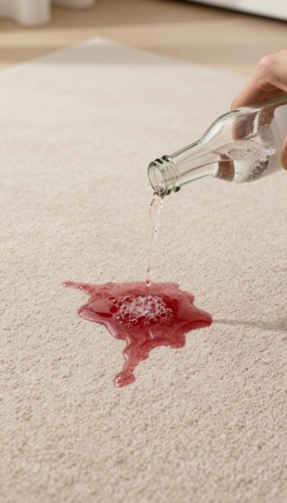Club soda being poured onto a fresh red wine stain on a beige carpet, with bubbles visible.