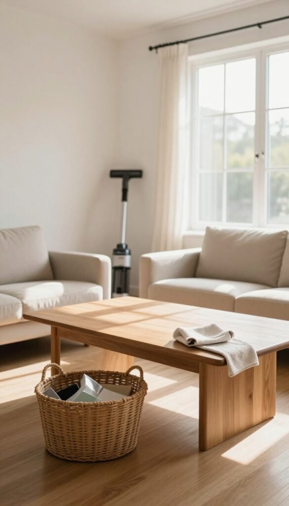 A clean living room with a basket for clutter and a vacuum, representing a quick 10-minute room rescue.