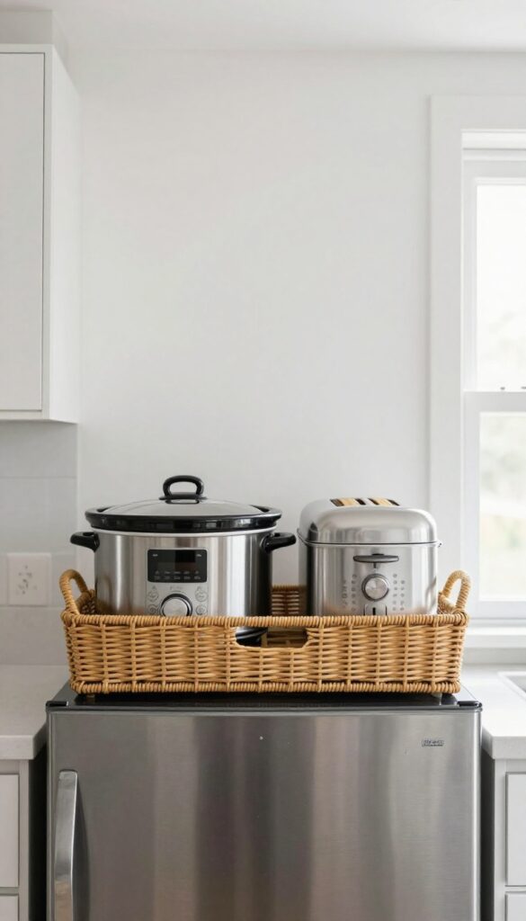 Top of fridge with slow cooker and bread machine on a tray, organized kitchen decor