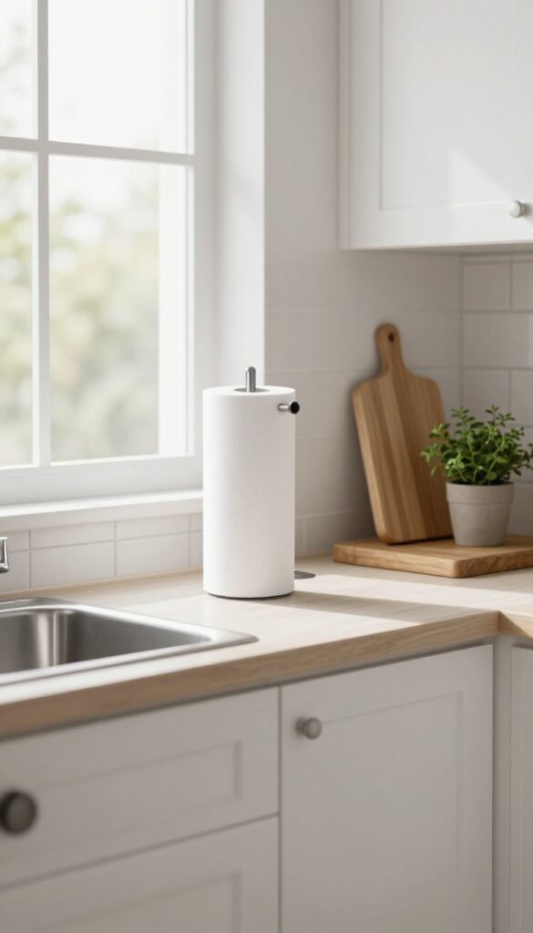 Wall-mounted paper towel holder under cabinet in bright kitchen