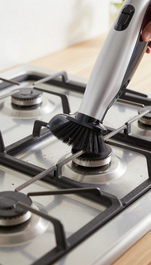 Close-up of a vacuum with brush attachment cleaning loose debris from stove burner grates and caps