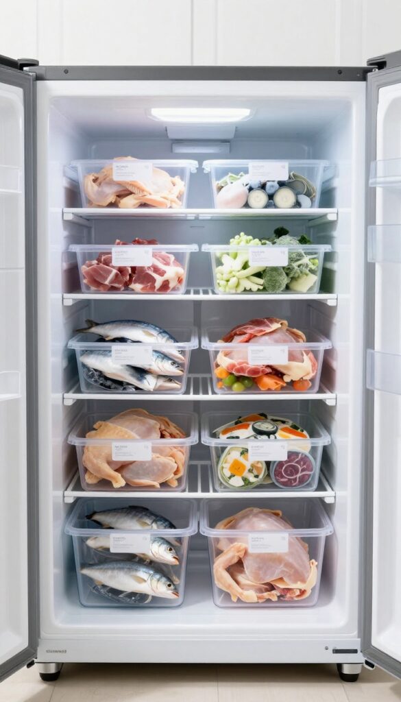 Samsung Bespoke freezer drawer organized with clear bins for frozen vegetables, meats, and meals, with labels and vertical dividers.