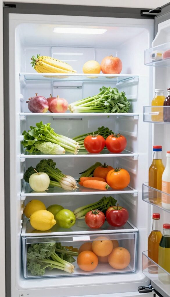 Clean organized refrigerator interior with fresh produce and condiments in bright natural light