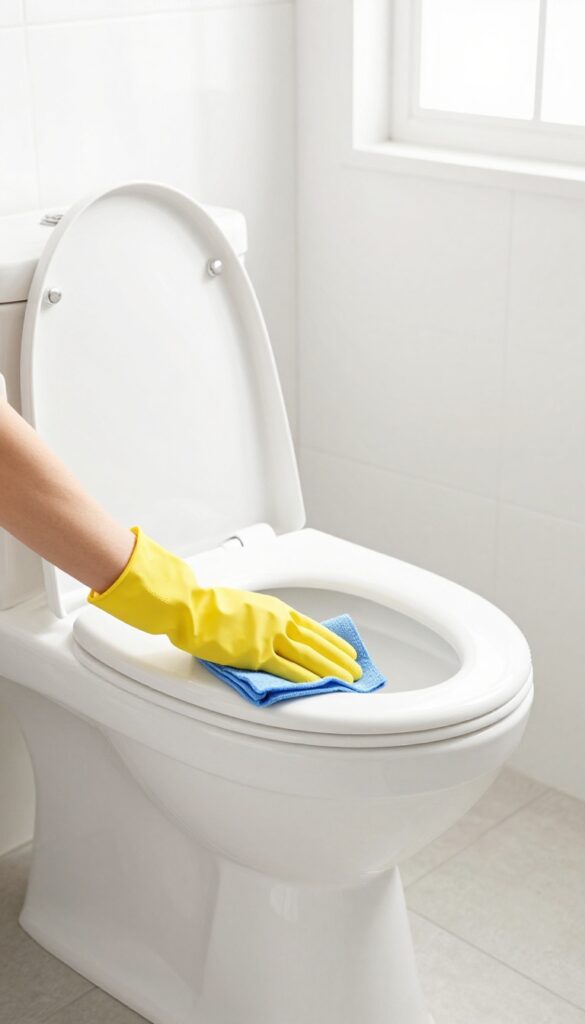 Hand wiping the base of a clean white toilet with a blue microfiber cloth in a bright bathroom