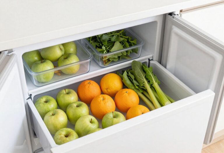 Organized fridge drawers with fruits, vegetables, and snacks in clear containers