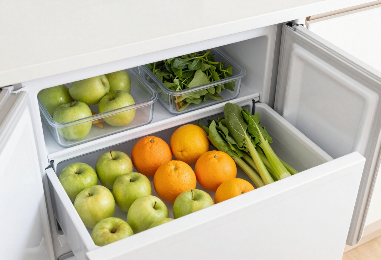 Organized fridge drawers with fruits, vegetables, and snacks in clear containers