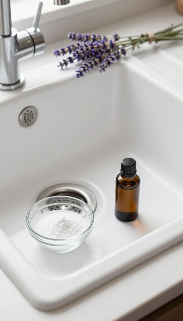 Baking soda and essential oils for deodorizing sink drain