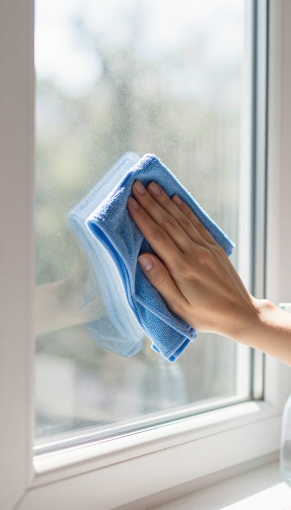 Hand wiping a clean window with a microfiber cloth, sunlight shining through