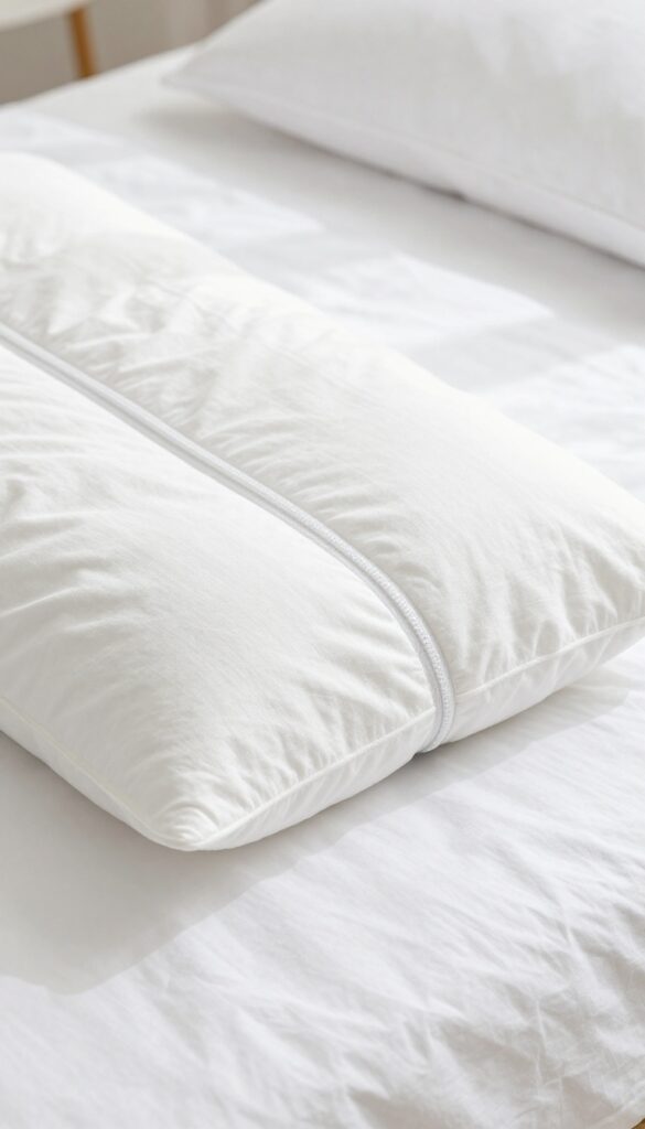 A zippered pillow protector on a white bed, partially unzipped to show a fluffy pillow inside, with natural light and clean composition.