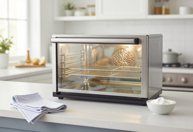 Clean oven glass door with baking soda and cloth on counter