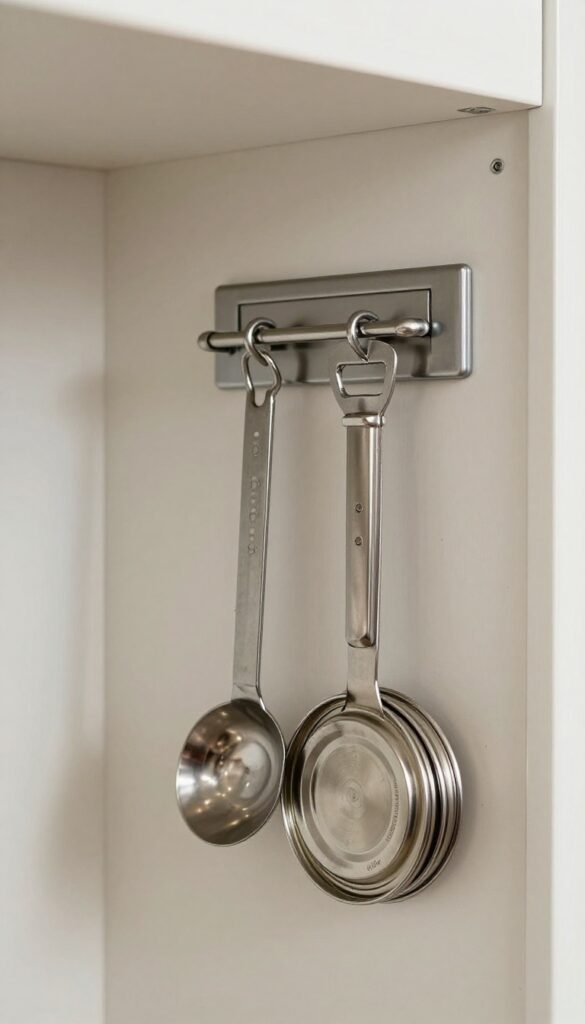 Magnetic strip on pantry wall holding metal lids and tools