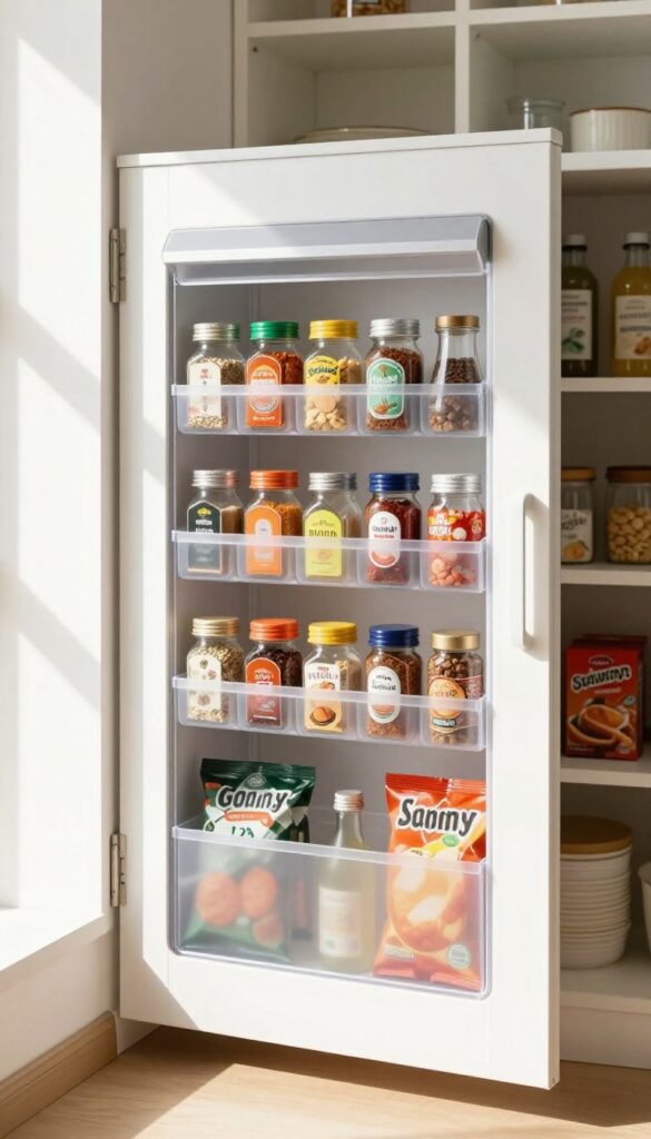 White pantry door with a clear over-the-door organizer filled with spices and small items, bright natural light, clean composition.