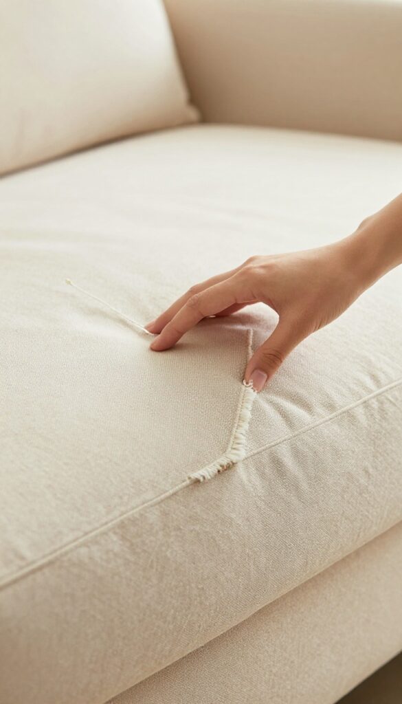 Hand inspecting loose seam on sofa before cleaning
