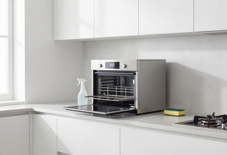Clean oven racks on a kitchen counter with cleaning supplies