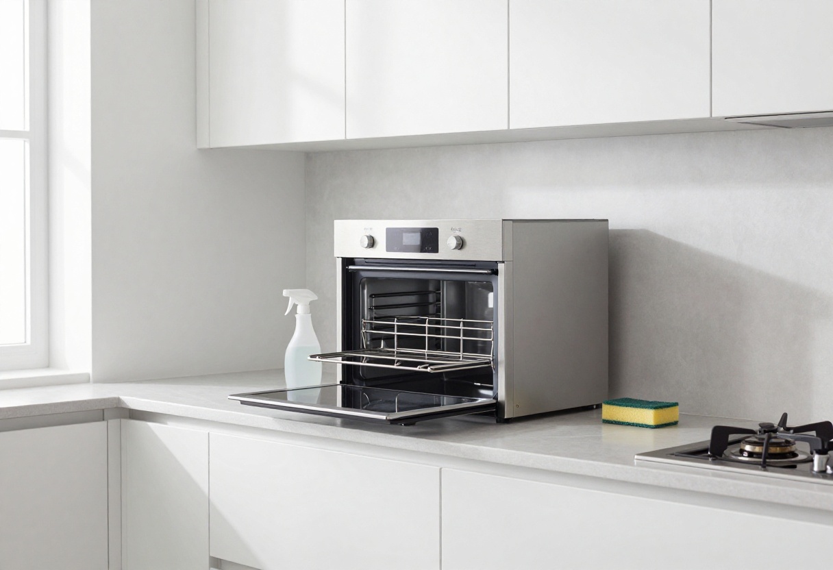 Clean oven racks on a kitchen counter with cleaning supplies