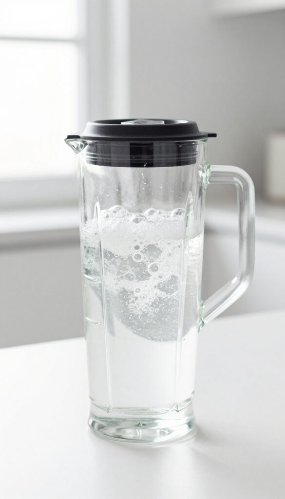 Blender pitcher with soapy water and bubbles on a clean kitchen countertop