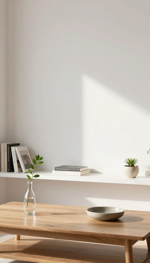 Clean coffee table and shelf with minimal decor in bright natural light