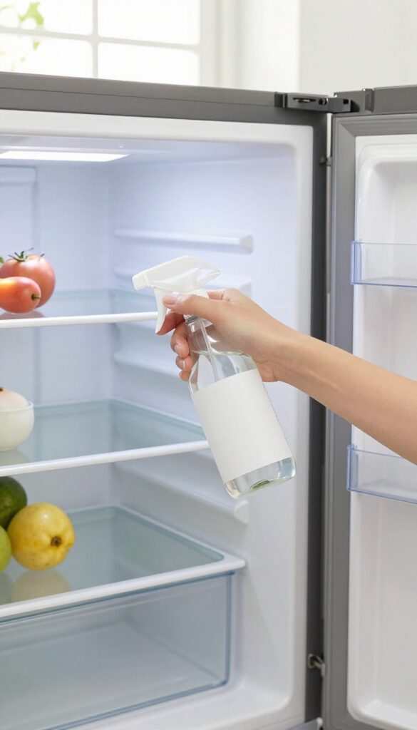 Person wiping refrigerator shelves with vinegar solution, bright natural light, clean and organized kitchen.