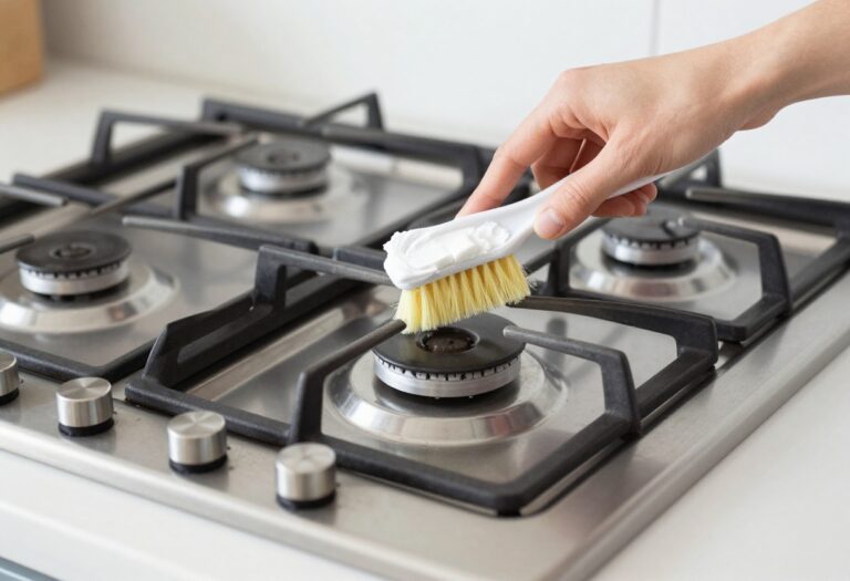 Cleaning a stove top burner with a brush and baking soda paste