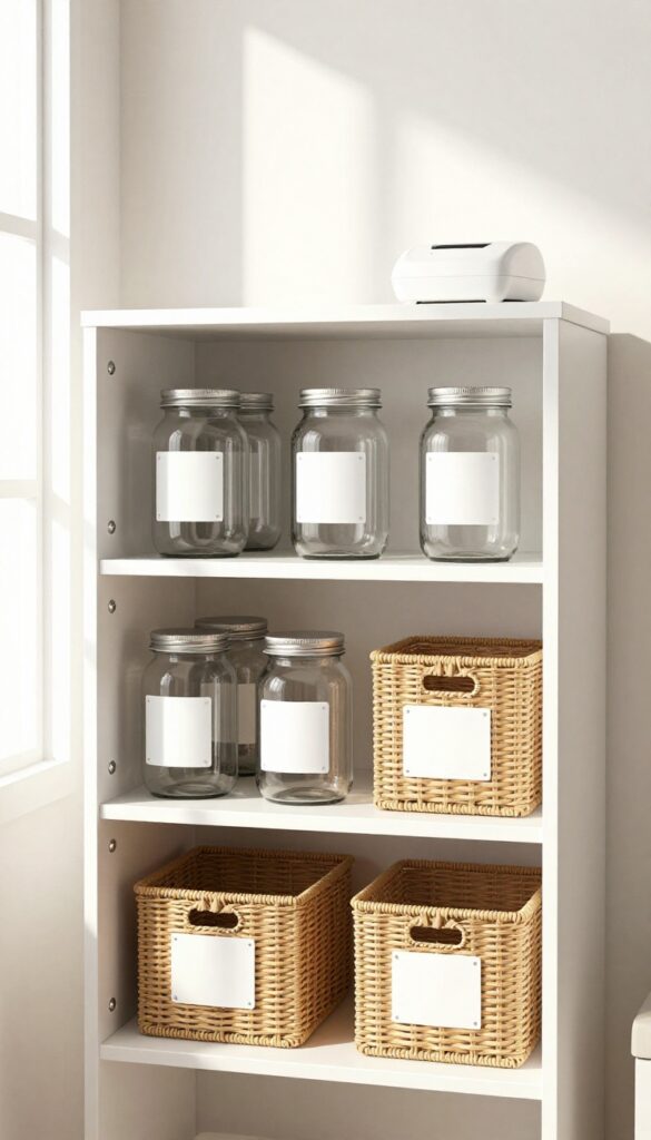 Organized small pantry with labeled jars and bins, bright natural light