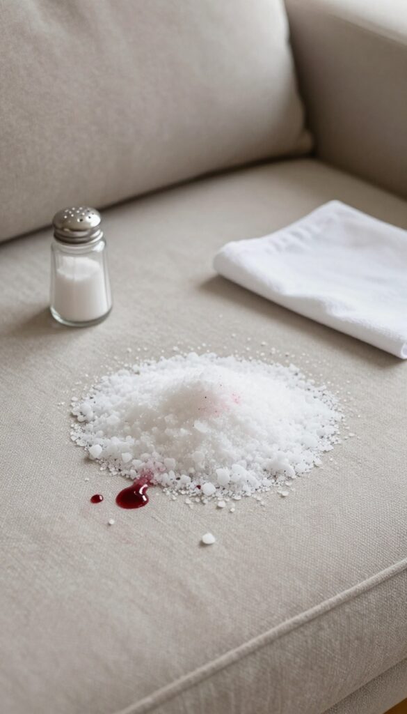 Salt being poured over a red wine spill on a light beige sofa to absorb the stain