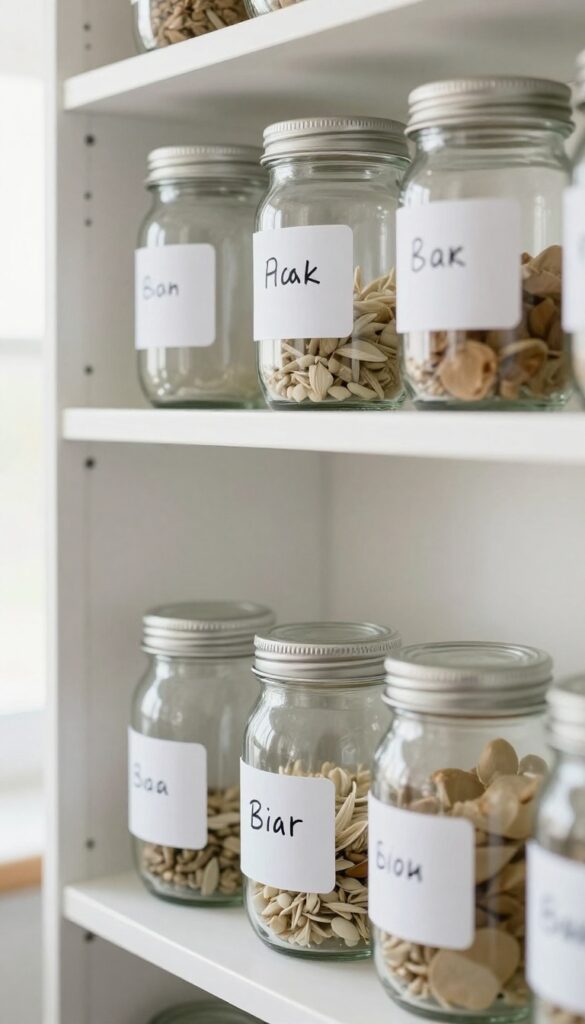 Organized pantry shelf with date-labeled jars and cans, oldest items in front for FIFO system.