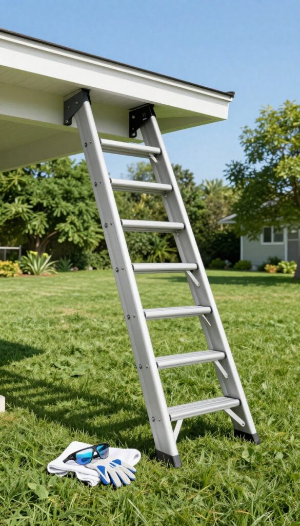 Safety equipment for gutter cleaning: ladder, stabilizer, gloves, and safety glasses on grass