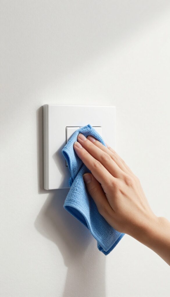 Hand wiping a light switch with a microfiber cloth in a clean, bright room